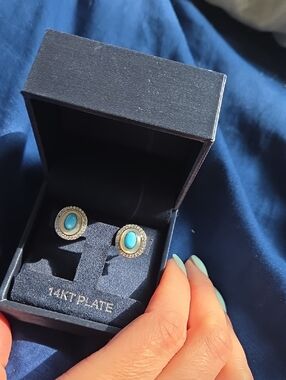 14KT Plate Turquoise Oval Halo Stud Earrings